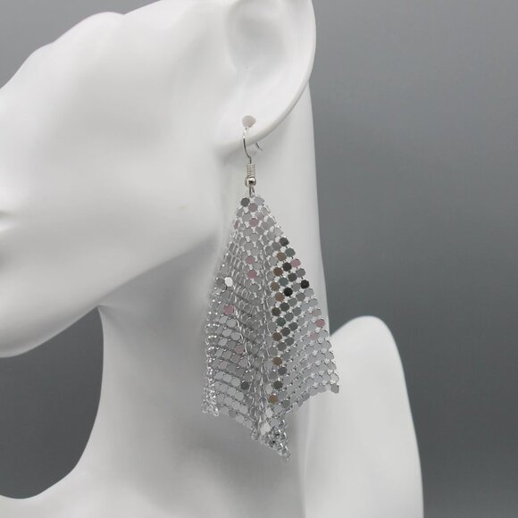 Jewelry earrings mesh statement party occasional drop dangle large silver tone - Picture 6 of 11
